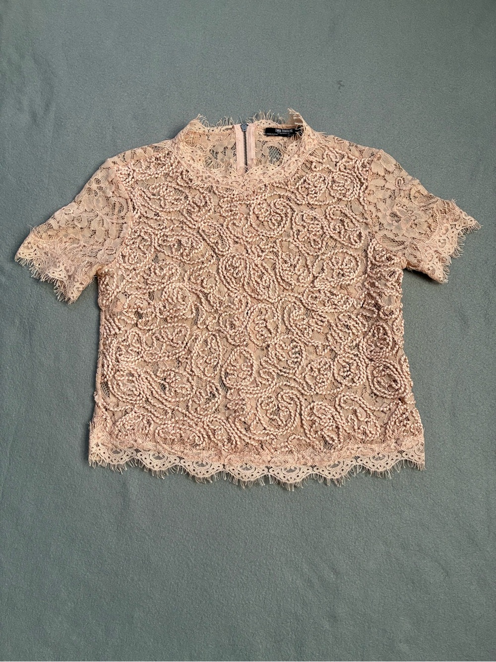Zara Peach Floral Lace Short Sleeve Mock Neck Crop Top S